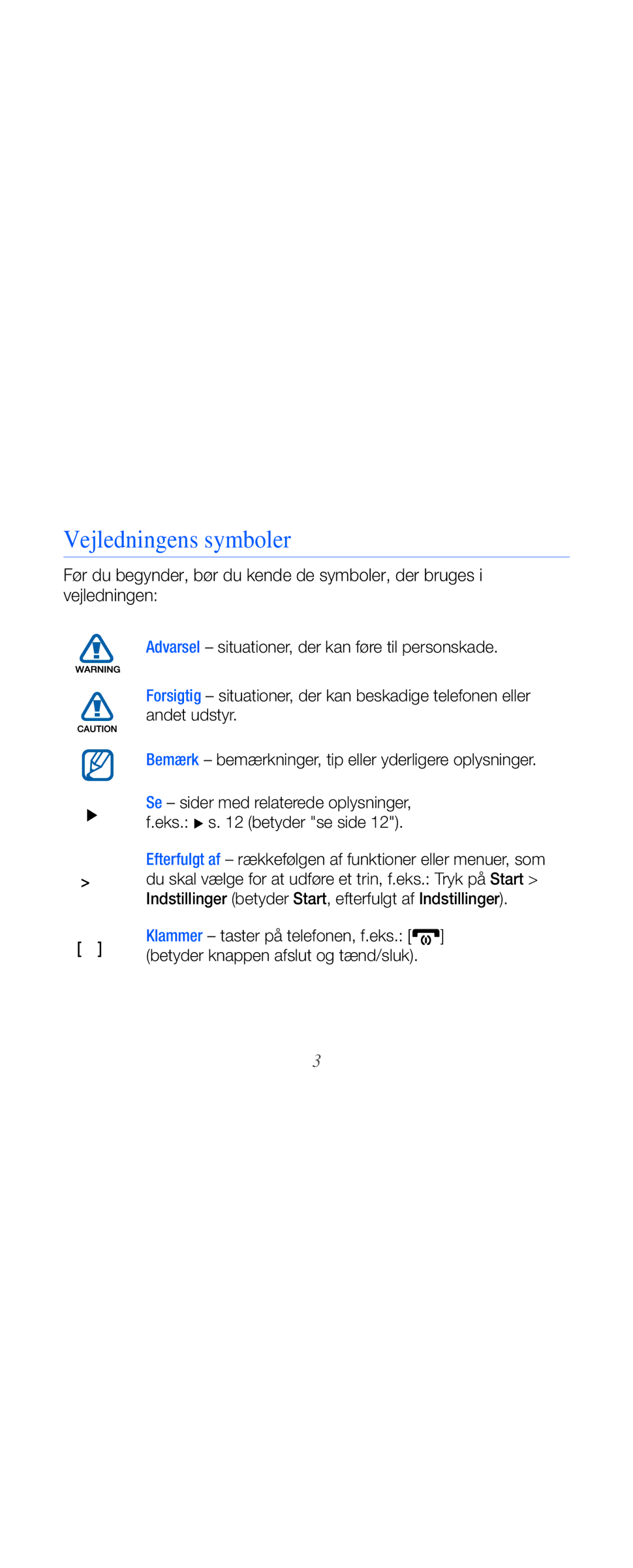 Samsung GT-B7610OKMXEE, GT-B7610OKAXEE manual Vejledningens symboler 