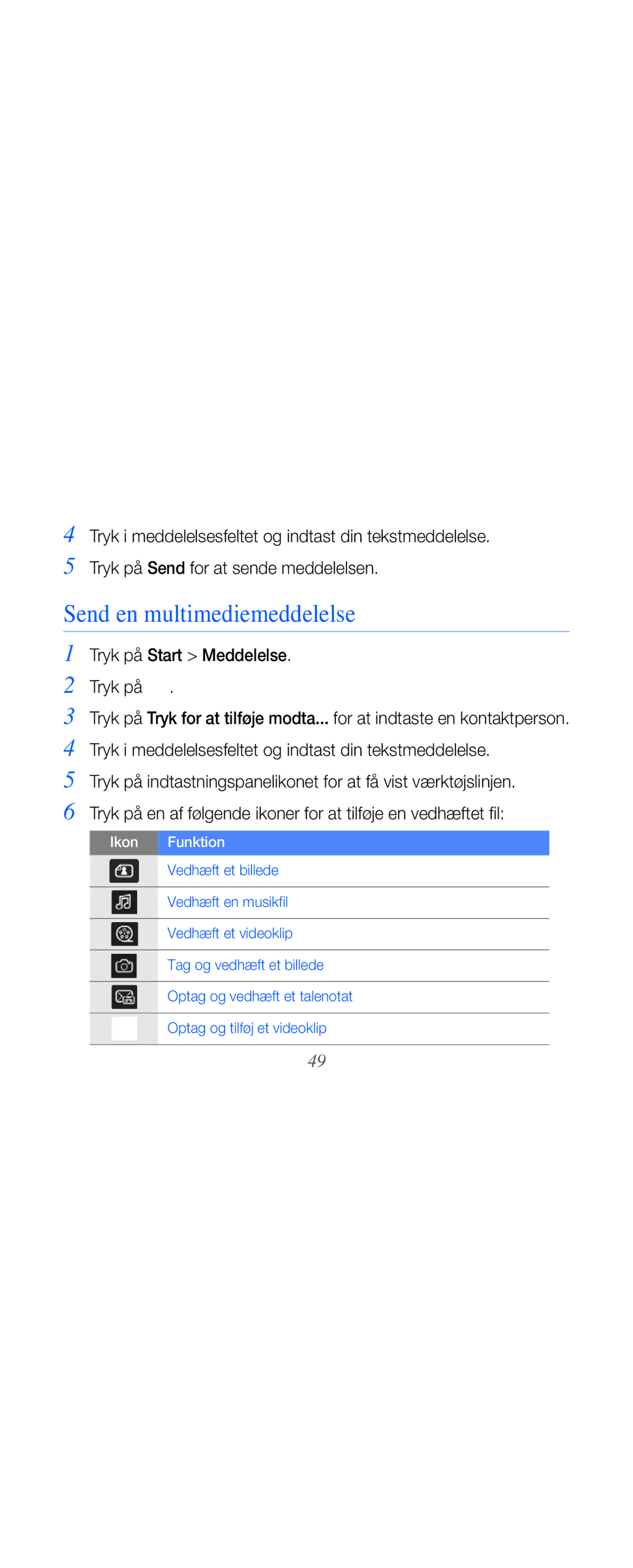 Samsung GT-B7610OKMXEE, GT-B7610OKAXEE manual Send en multimediemeddelelse, Tryk på Start Meddelelse 