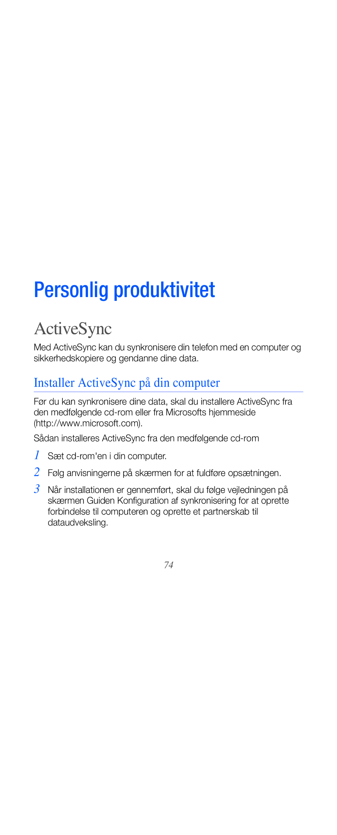 Samsung GT-B7610OKAXEE, GT-B7610OKMXEE manual Installer ActiveSync på din computer 