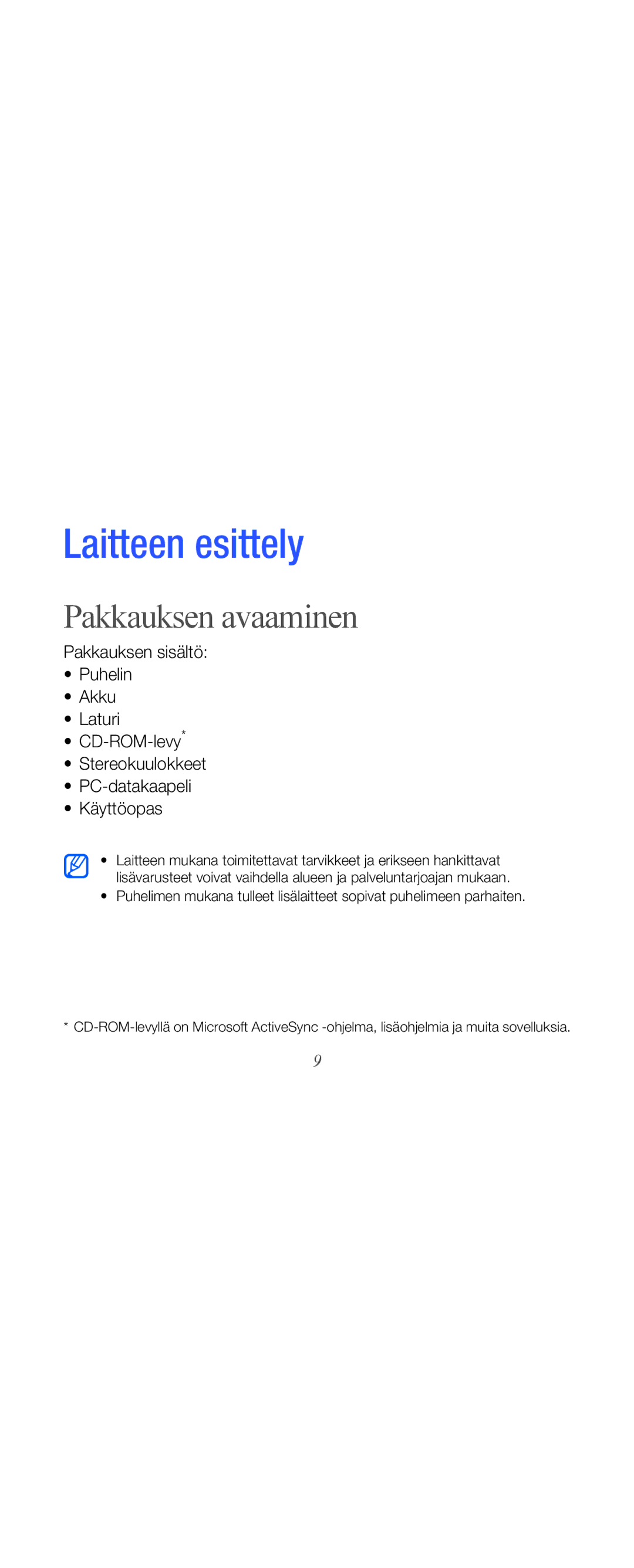 Samsung GT-B7610OKMXEE, GT-B7610OKAXEE manual Laitteen esittely, Pakkauksen avaaminen 