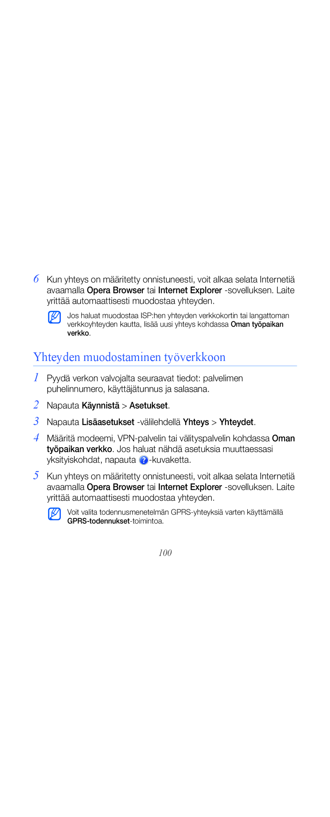 Samsung GT-B7610OKAXEE, GT-B7610OKMXEE manual Yhteyden muodostaminen työverkkoon, 100 