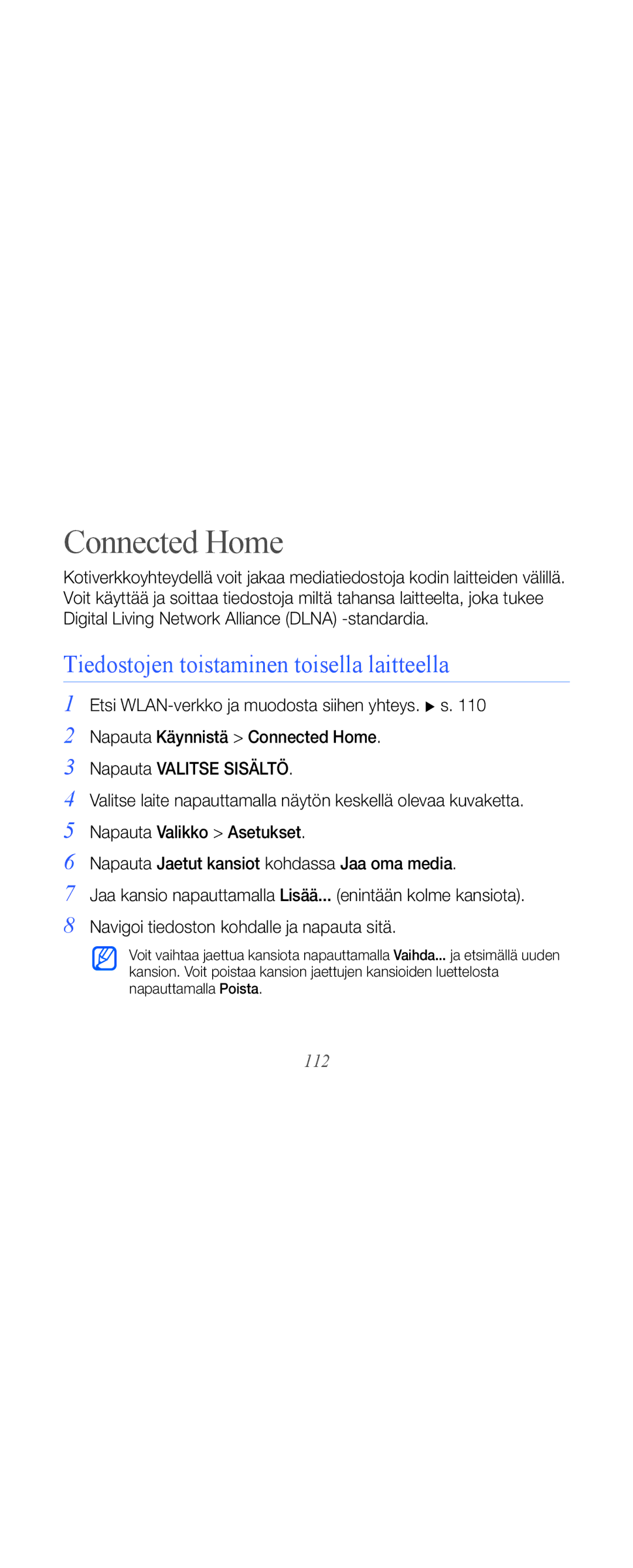 Samsung GT-B7610OKAXEE, GT-B7610OKMXEE manual Connected Home, Tiedostojen toistaminen toisella laitteella, 112 