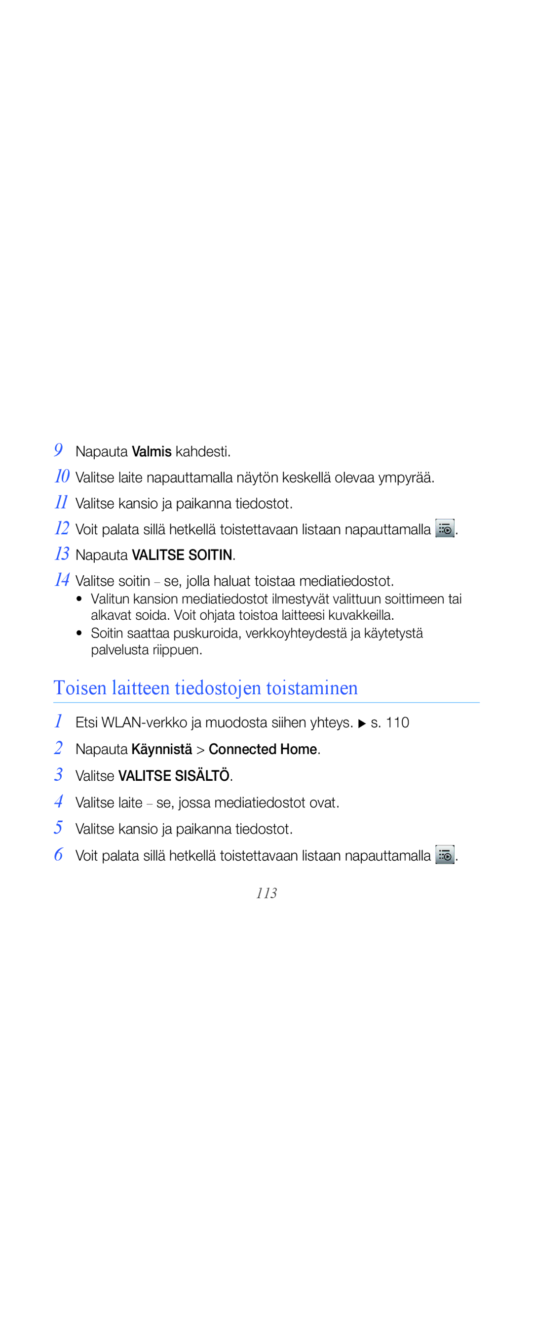 Samsung GT-B7610OKMXEE, GT-B7610OKAXEE Toisen laitteen tiedostojen toistaminen, Valitse kansio ja paikanna tiedostot, 113 