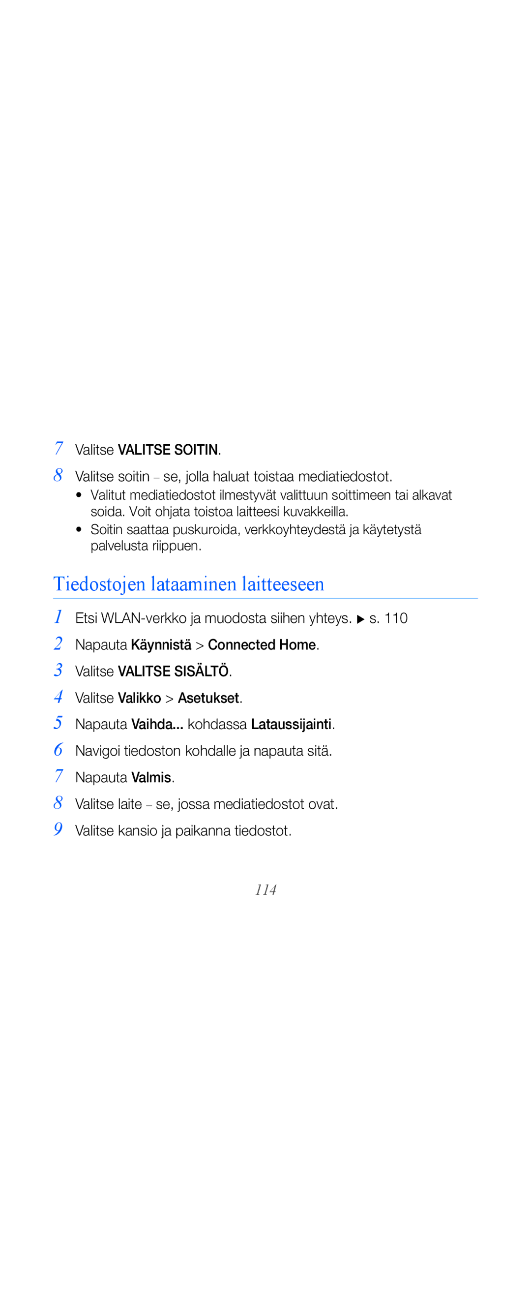 Samsung GT-B7610OKAXEE, GT-B7610OKMXEE manual Tiedostojen lataaminen laitteeseen, 114 