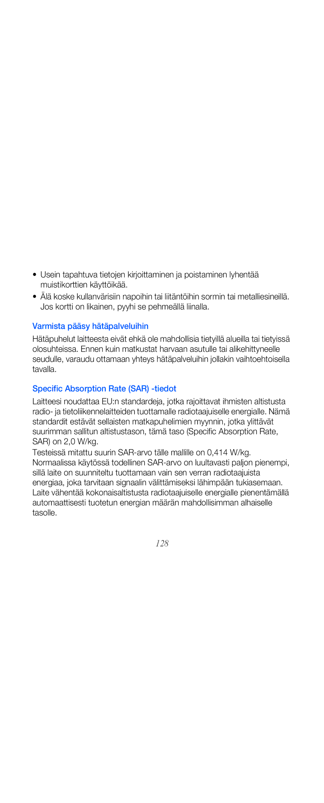 Samsung GT-B7610OKAXEE, GT-B7610OKMXEE manual 128, Varmista pääsy hätäpalveluihin, Specific Absorption Rate SAR -tiedot 