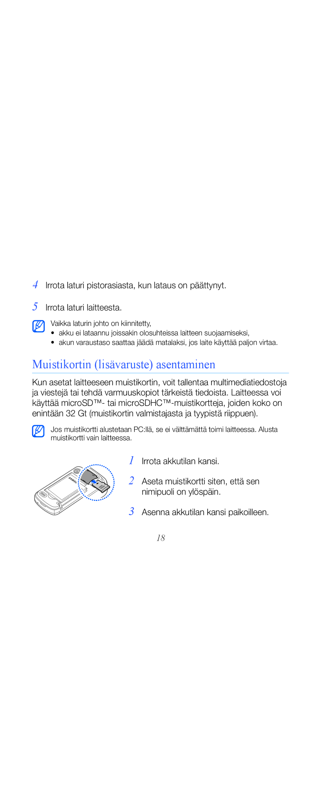 Samsung GT-B7610OKAXEE, GT-B7610OKMXEE manual Muistikortin lisävaruste asentaminen 