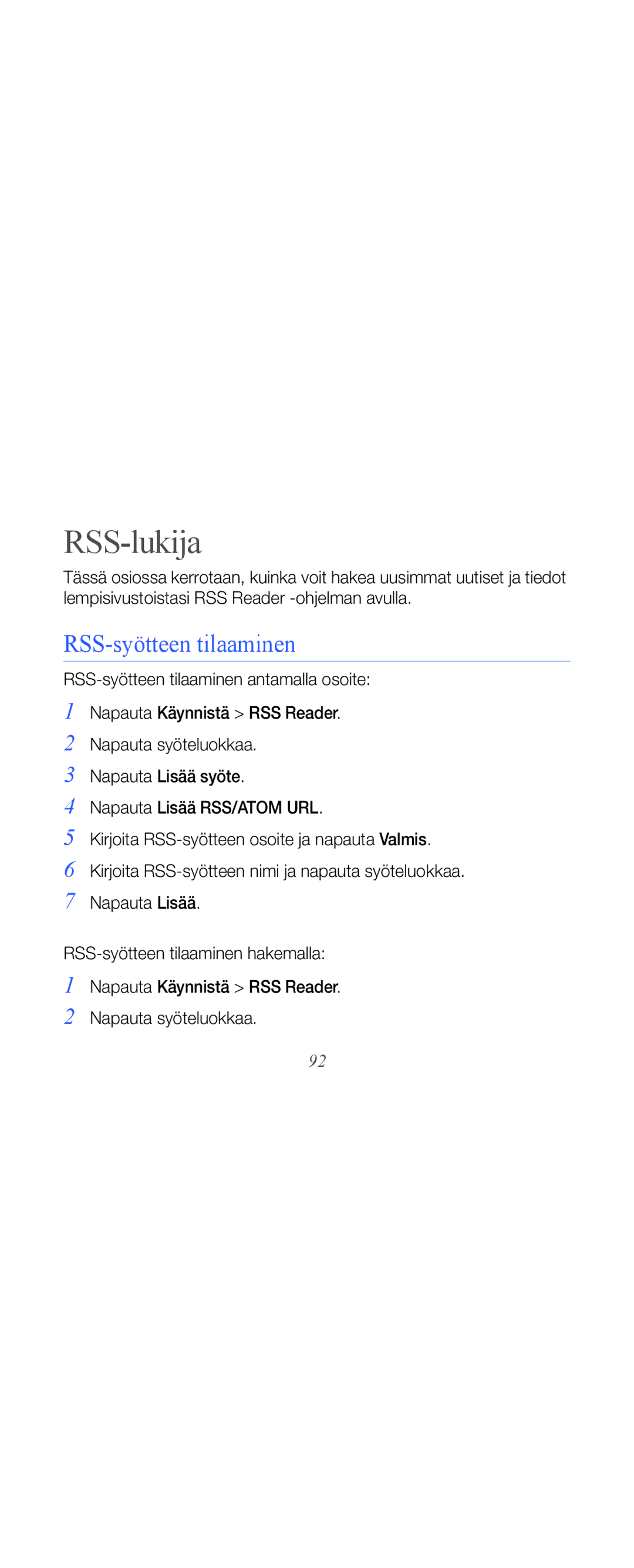 Samsung GT-B7610OKAXEE, GT-B7610OKMXEE manual RSS-lukija, RSS-syötteen tilaaminen 