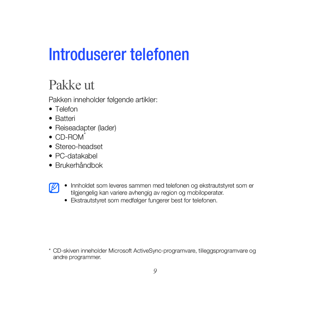 Samsung GT-B7610OKMXEE, GT-B7610OKAXEE manual Introduserer telefonen, Pakke ut 