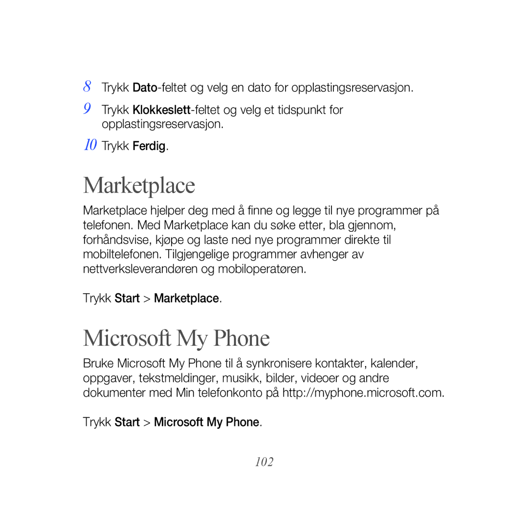 Samsung GT-B7610OKAXEE, GT-B7610OKMXEE manual Marketplace, Microsoft My Phone, 102 
