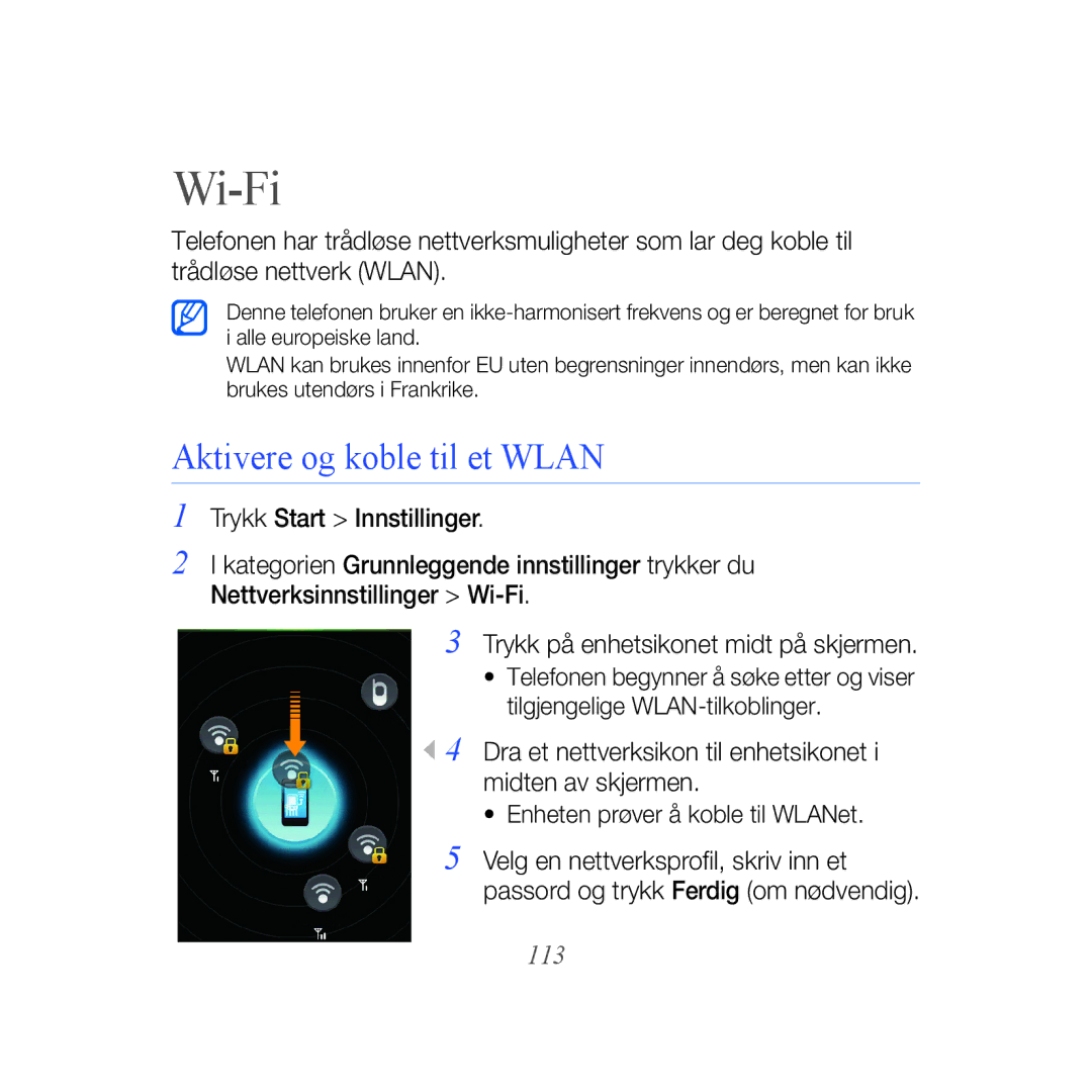 Samsung GT-B7610OKMXEE, GT-B7610OKAXEE manual Wi-Fi, Aktivere og koble til et Wlan, 113 