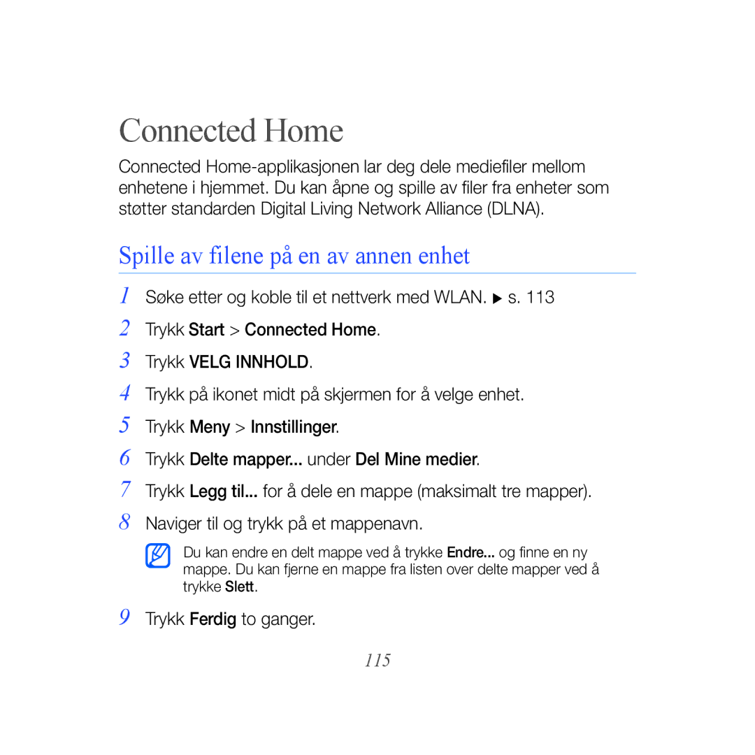 Samsung GT-B7610OKMXEE, GT-B7610OKAXEE manual Connected Home, Spille av filene på en av annen enhet, 115 