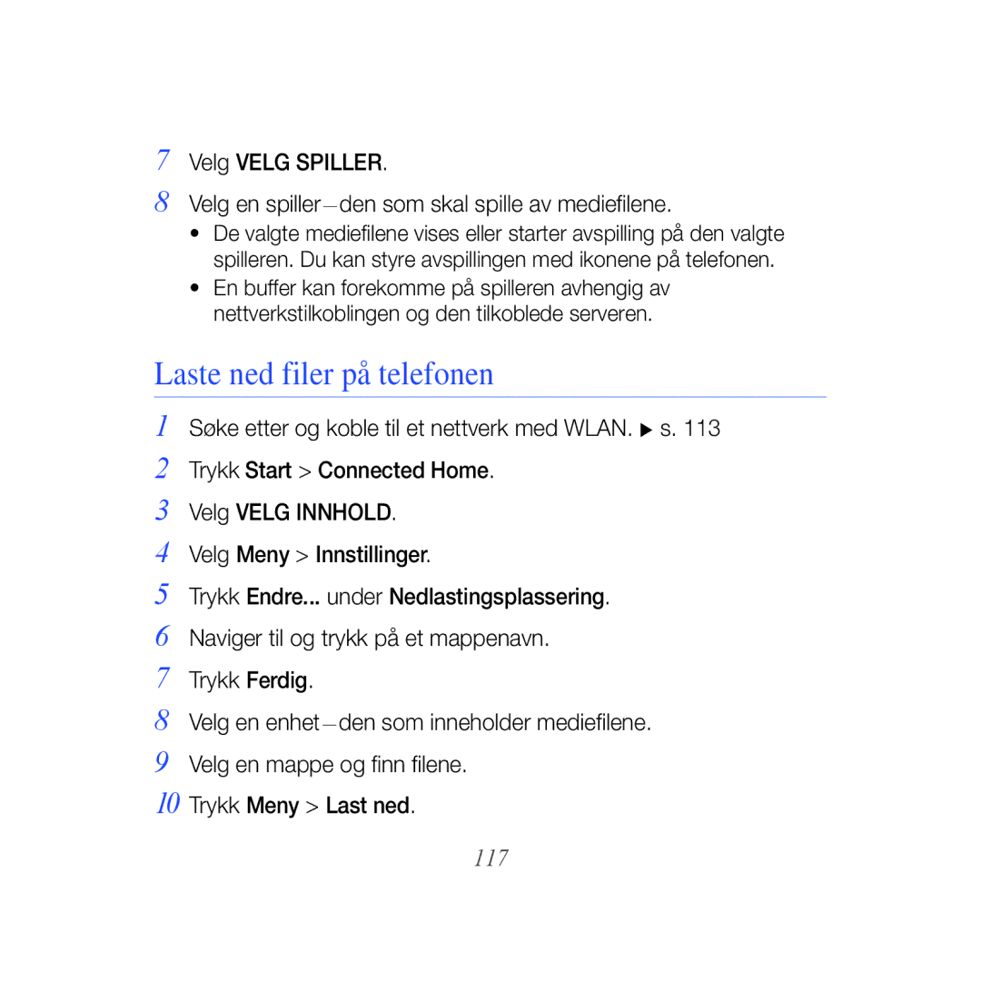 Samsung GT-B7610OKMXEE, GT-B7610OKAXEE manual Laste ned filer på telefonen, 117 