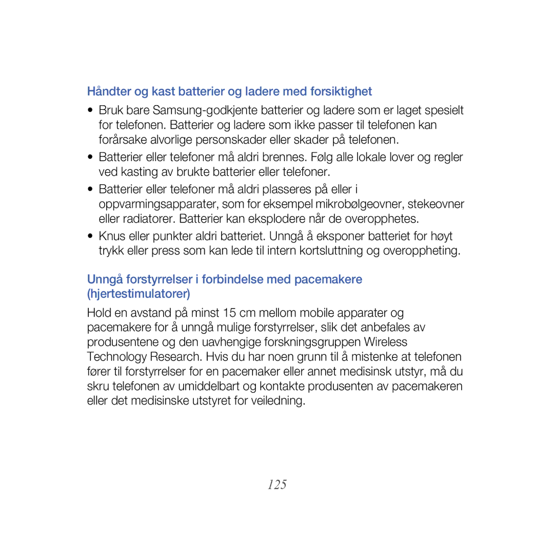 Samsung GT-B7610OKMXEE, GT-B7610OKAXEE manual 125, Håndter og kast batterier og ladere med forsiktighet 