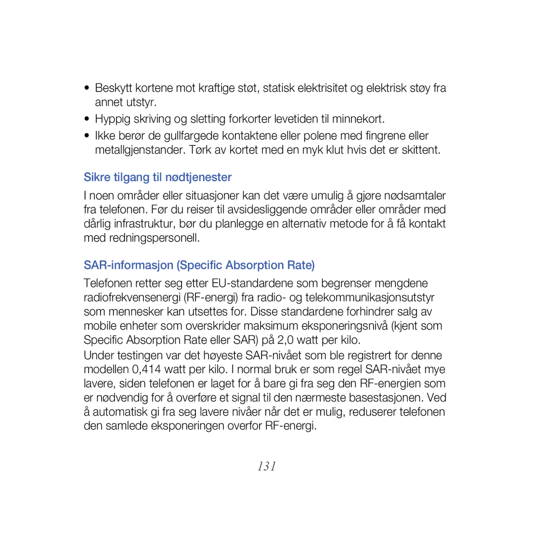 Samsung GT-B7610OKMXEE, GT-B7610OKAXEE manual 131, Sikre tilgang til nødtjenester, SAR-informasjon Specific Absorption Rate 