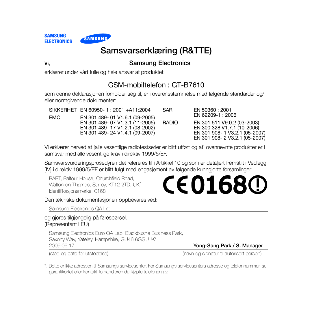 Samsung GT-B7610OKMXEE, GT-B7610OKAXEE manual Samsvarserklæring R&TTE 