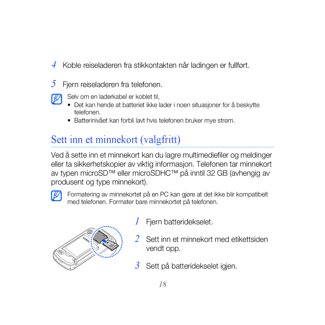 Samsung GT-B7610OKAXEE, GT-B7610OKMXEE manual Sett inn et minnekort valgfritt 