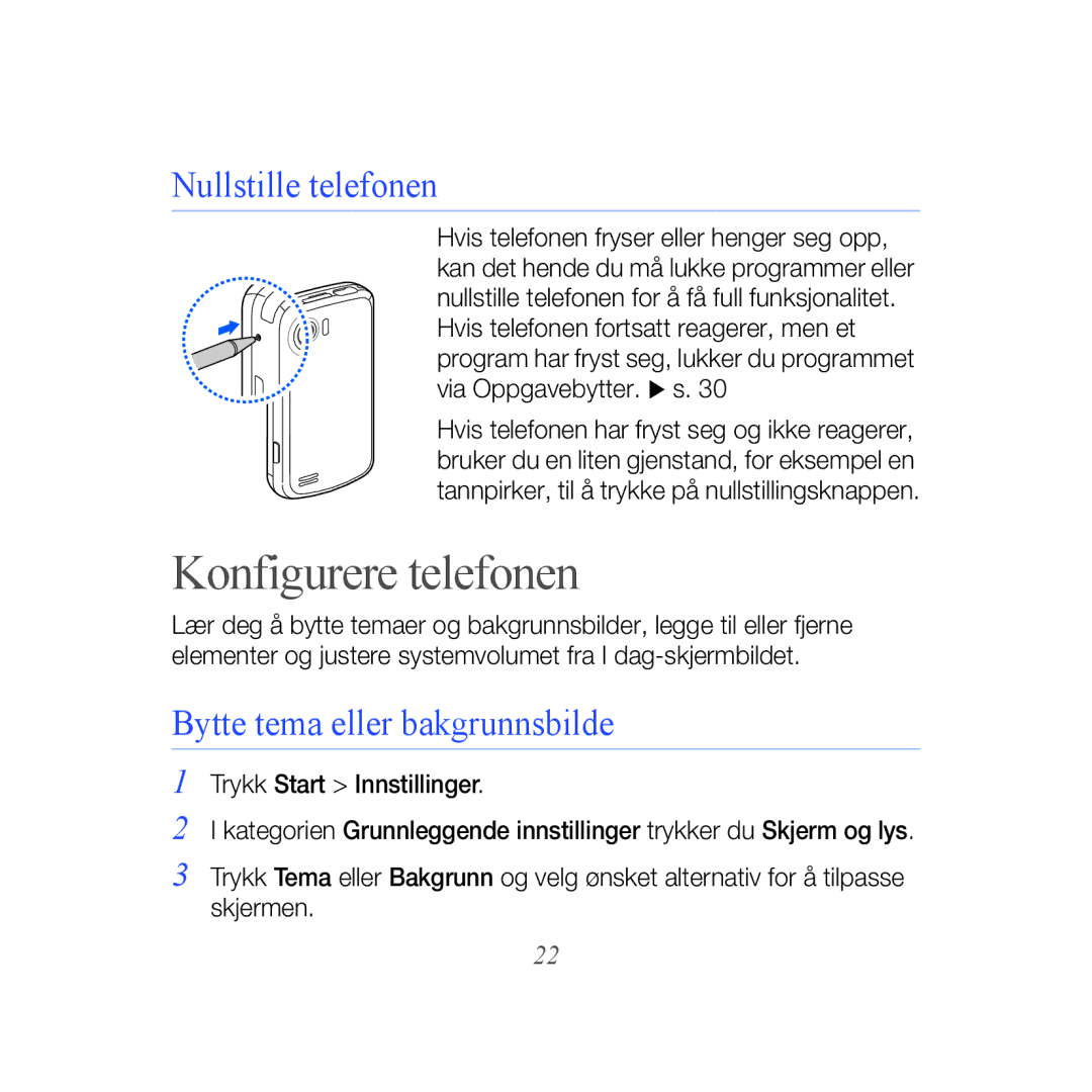 Samsung GT-B7610OKAXEE, GT-B7610OKMXEE manual Konfigurere telefonen, Nullstille telefonen, Bytte tema eller bakgrunnsbilde 