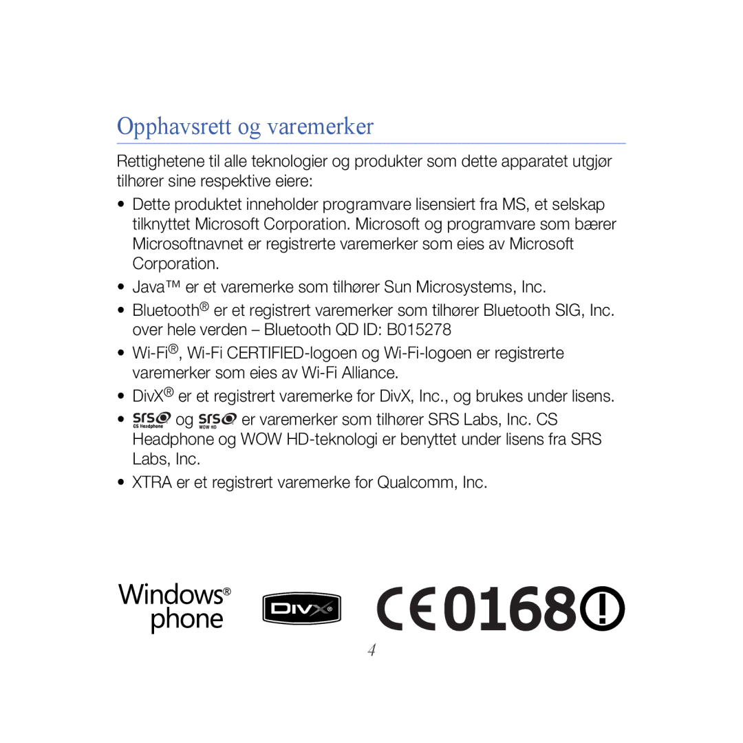 Samsung GT-B7610OKAXEE, GT-B7610OKMXEE manual Opphavsrett og varemerker 