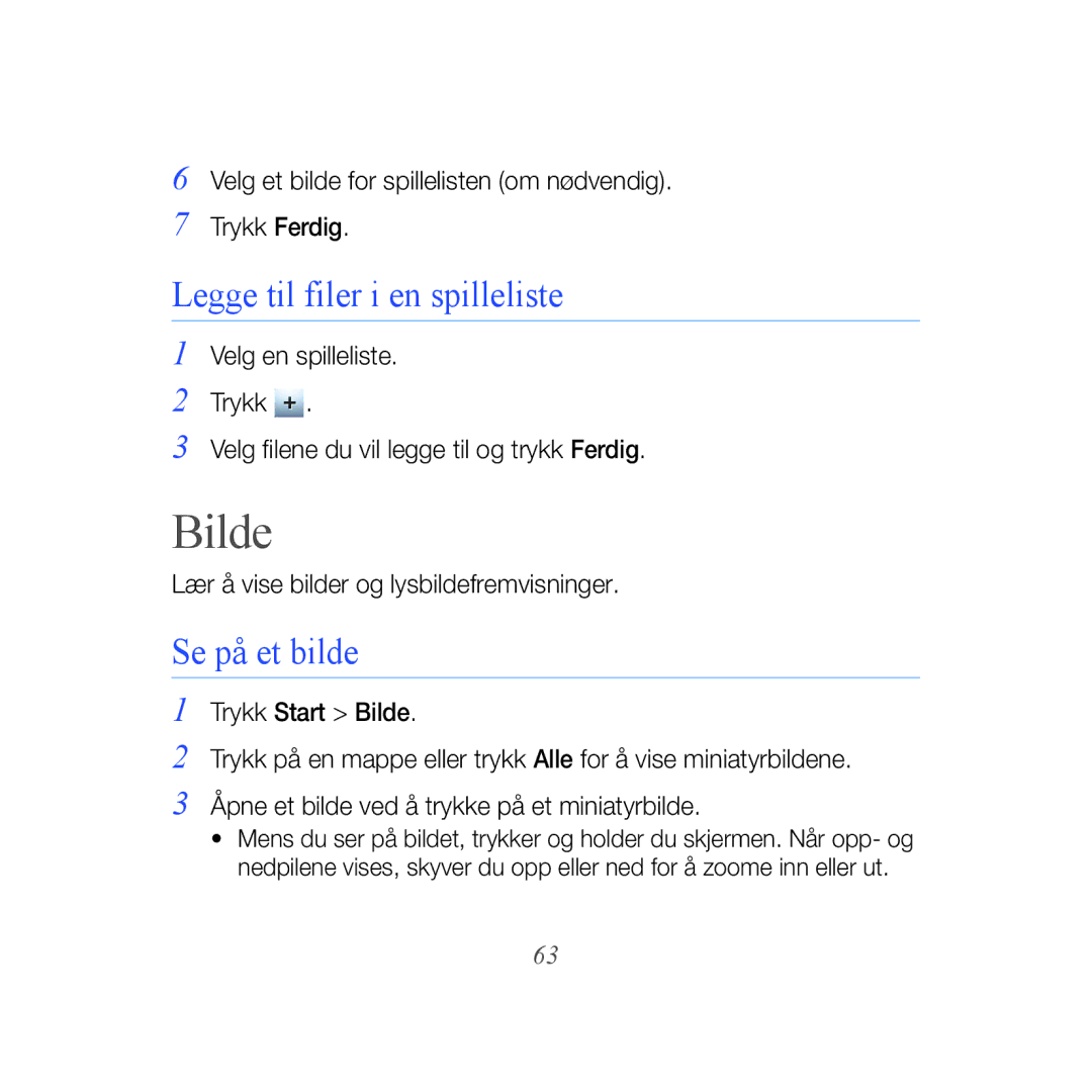 Samsung GT-B7610OKMXEE, GT-B7610OKAXEE manual Bilde, Legge til filer i en spilleliste, Se på et bilde 