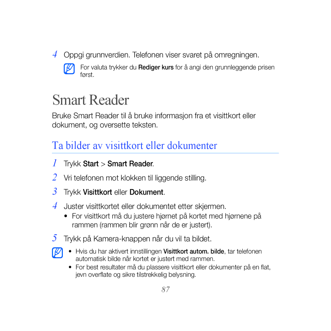 Samsung GT-B7610OKMXEE, GT-B7610OKAXEE manual Smart Reader, Ta bilder av visittkort eller dokumenter 