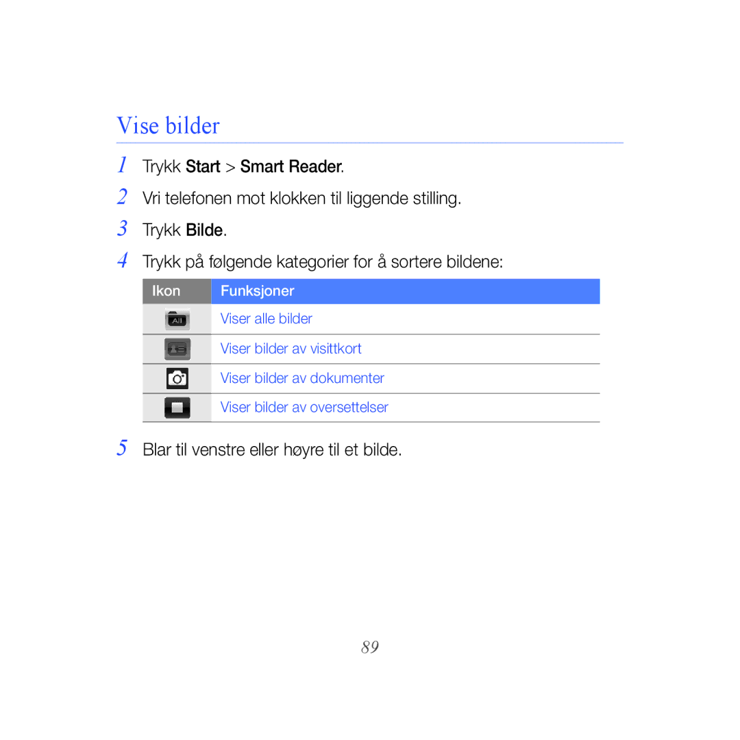 Samsung GT-B7610OKMXEE, GT-B7610OKAXEE manual Vise bilder, Ikon Funksjoner 