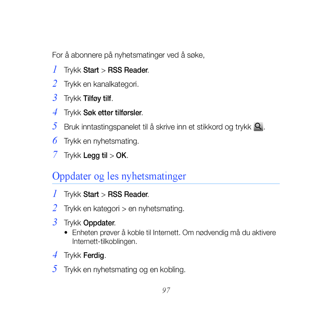 Samsung GT-B7610OKMXEE, GT-B7610OKAXEE manual Oppdater og les nyhetsmatinger 