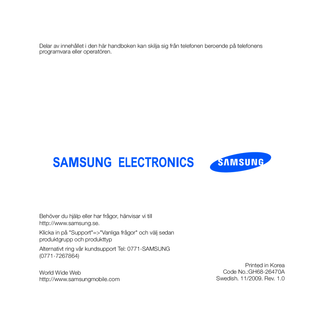 Samsung GT-B7610OKAXEE, GT-B7610OKMXEE manual Swedish /2009. Rev 