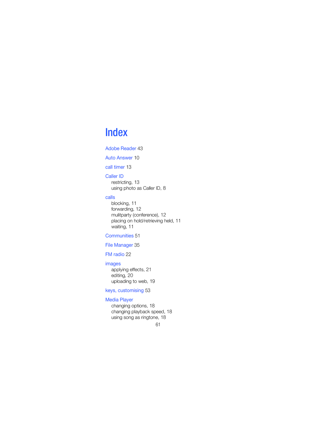 Samsung GT-B7620NDAITV, GT-B7620NDAWIN, GT-B7620NDNITV, GT-B7620NDAFOP, GT-B7620NDJFOP manual Index, Calls 