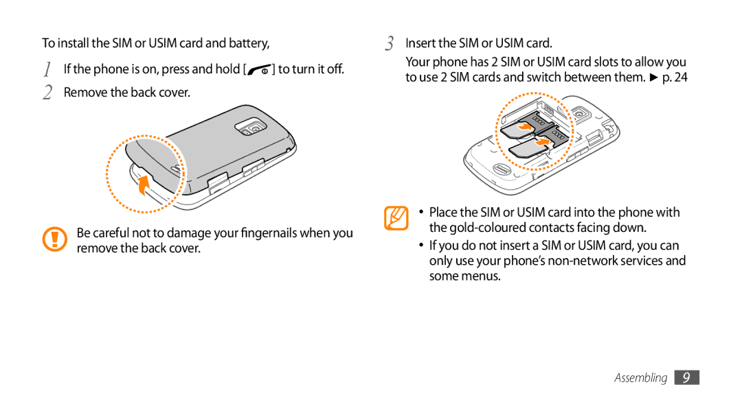 Samsung GT-B7722QKAMMC, GT-B7722QKAAFR manual Insert the SIM or Usim card, To turn it off, Remove the back cover, Some menus 