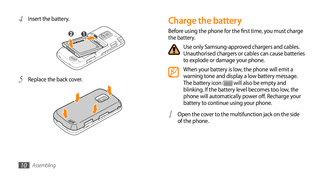 Samsung GT-B7722QKAPAK Charge the battery, Insert the battery Replace the back cover, Battery icon Will also be empty 