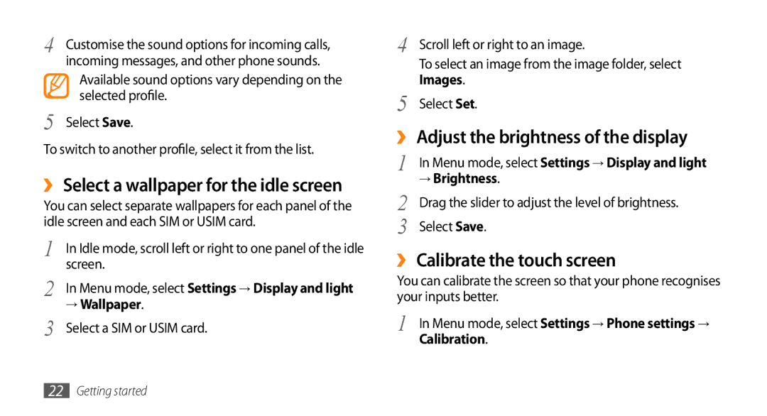 Samsung GT-B7722QKAPAK, GT-B7722QKAAFR manual ›› Adjust the brightness of the display, ›› Calibrate the touch screen 