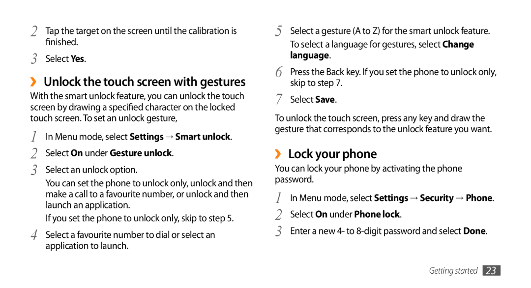 Samsung GT-B7722QKAAFR, GT-B7722QKATMC, GT-B7722QKAABS manual ›› Lock your phone, Select On under Gesture unlock, Language 