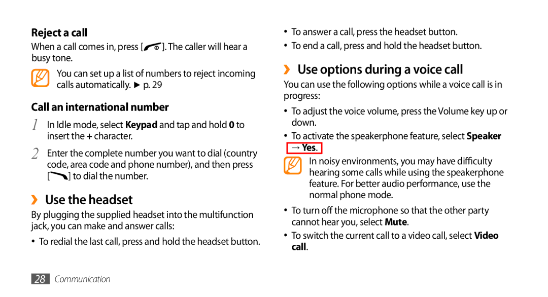 Samsung GT-B7722QKAEGY ›› Use the headset, ›› Use options during a voice call, Reject a call, Call an international number 