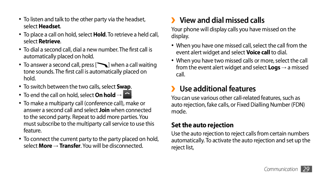 Samsung GT-B7722QKASKZ, GT-B7722QKAAFR ›› View and dial missed calls, ›› Use additional features, Set the auto rejection 