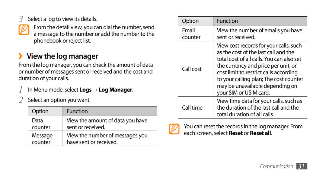 Samsung GT-B7722QKAECT, GT-B7722QKAAFR, GT-B7722QKATMC, GT-B7722QKAABS, GT-B7722QKAJED, GT-B7722QKAKSA ›› View the log manager 