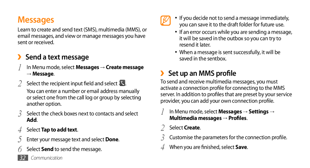 Samsung GT-B7722QKAMID, GT-B7722QKAAFR, GT-B7722QKATMC manual Messages, ›› Send a text message, ›› Set up an MMS profile 