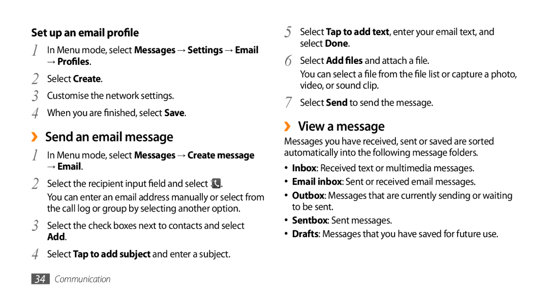 Samsung GT-B7722QKAPAK manual ›› Send an email message, ›› View a message, Set up an email profile, → Profiles, → Email 