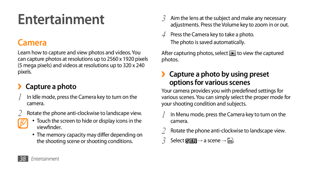 Samsung GT-B7722QKAJED, GT-B7722QKAAFR, GT-B7722QKATMC, GT-B7722QKAABS manual Entertainment, Camera, ›› Capture a photo 