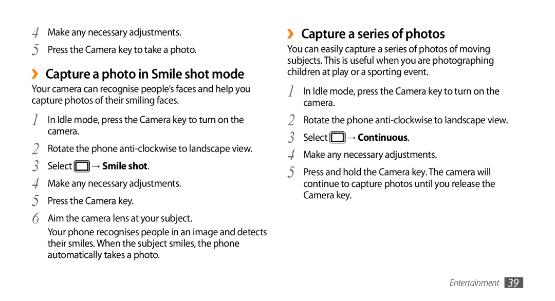 Samsung GT-B7722QKAKSA ›› Capture a photo in Smile shot mode, ›› Capture a series of photos, → Smile shot, → Continuous 