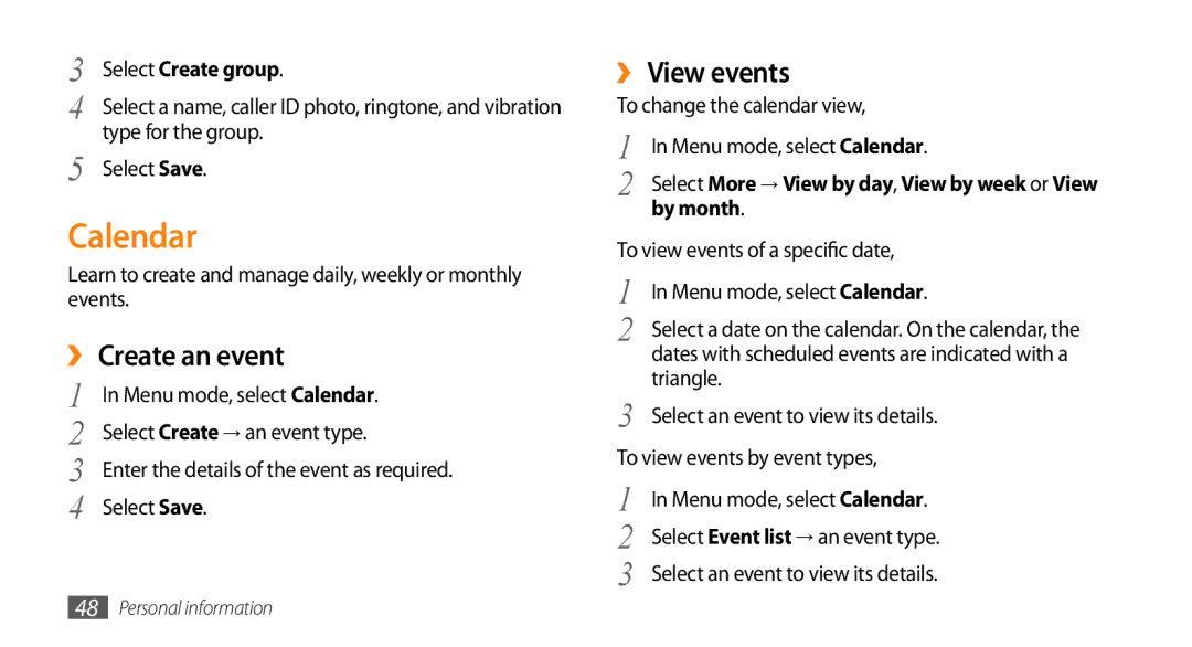 Samsung GT-B7722QKATMC, GT-B7722QKAAFR manual Calendar, ›› Create an event, ›› View events, Select Create group, By month 