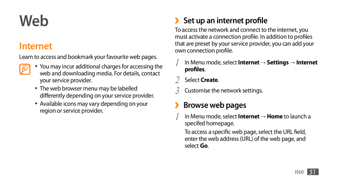 Samsung GT-B7722QKAKSA, GT-B7722QKAAFR manual Web, Internet, ›› Set up an internet profile, ›› Browse web pages, Profiles 