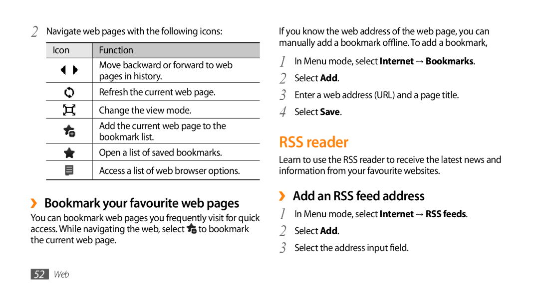 Samsung GT-B7722QKAEGY manual RSS reader, ›› Bookmark your favourite web pages, ›› Add an RSS feed address, Select Add 