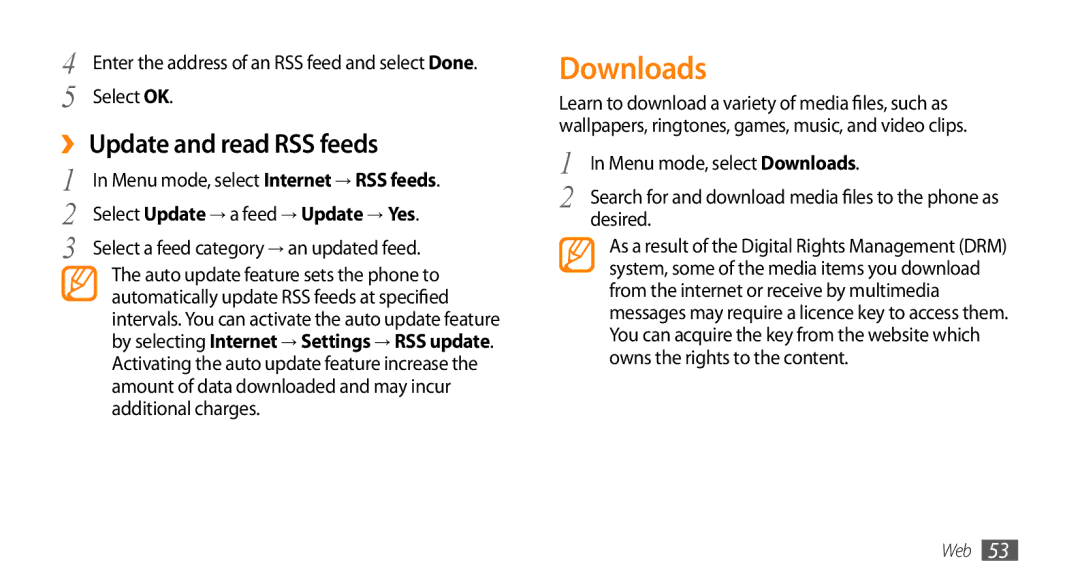 Samsung GT-B7722QKASKZ, GT-B7722QKAAFR ›› Update and read RSS feeds, Select OK, Menu mode, select Downloads, Desired 