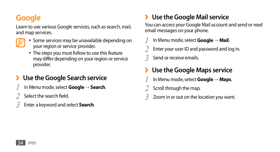 Samsung GT-B7722QKAXSG manual ›› Use the Google Search service, ›› Use the Google Mail service, Scroll through the map 