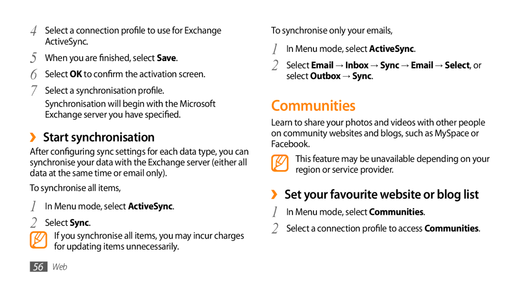 Samsung GT-B7722QKAMID manual Communities, ›› Set your favourite website or blog list, Menu mode, select ActiveSync 