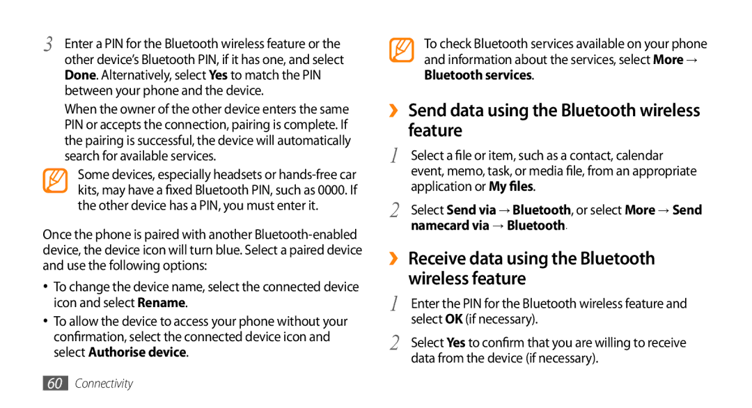 Samsung GT-B7722QKATMC, GT-B7722QKAAFR manual ›› Send data using the Bluetooth wireless feature, Namecard via → Bluetooth 