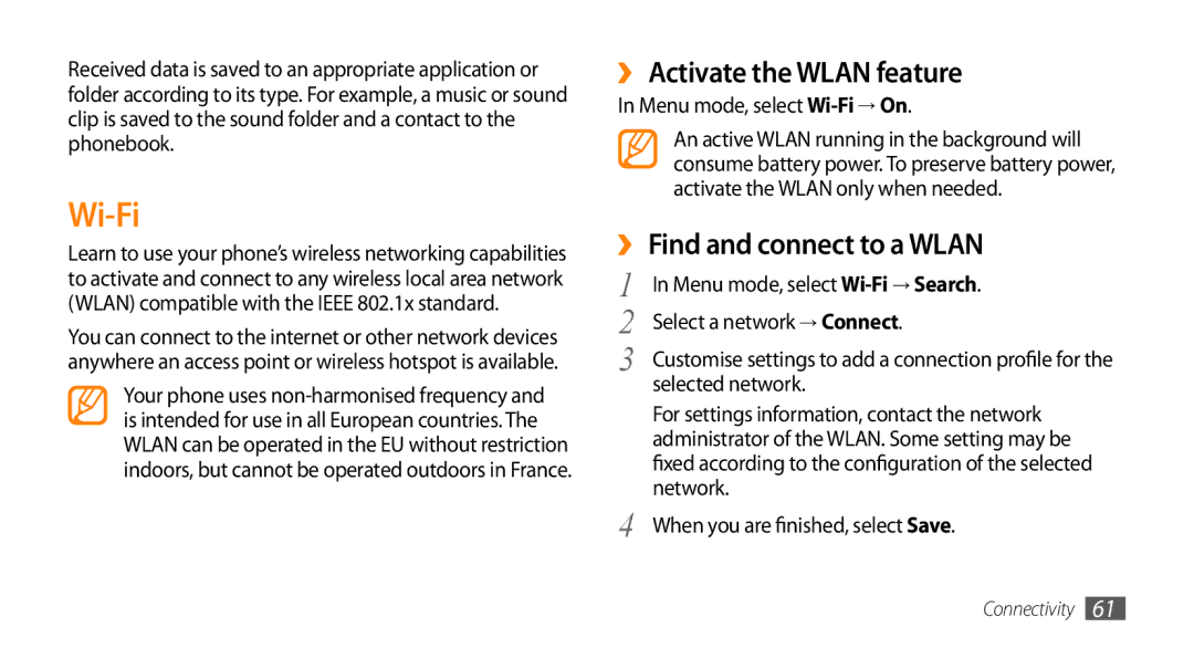 Samsung GT-B7722QKAABS, GT-B7722QKAAFR, GT-B7722QKATMC Wi-Fi, ›› Activate the Wlan feature, ›› Find and connect to a Wlan 