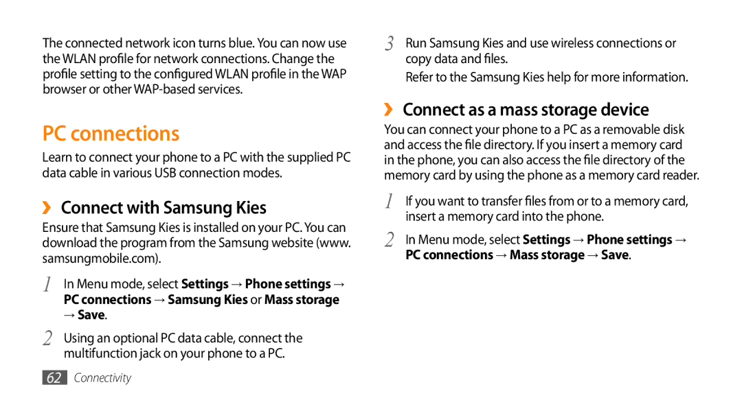 Samsung GT-B7722QKAJED, GT-B7722QKAAFR PC connections, ›› Connect with Samsung Kies, ›› Connect as a mass storage device 