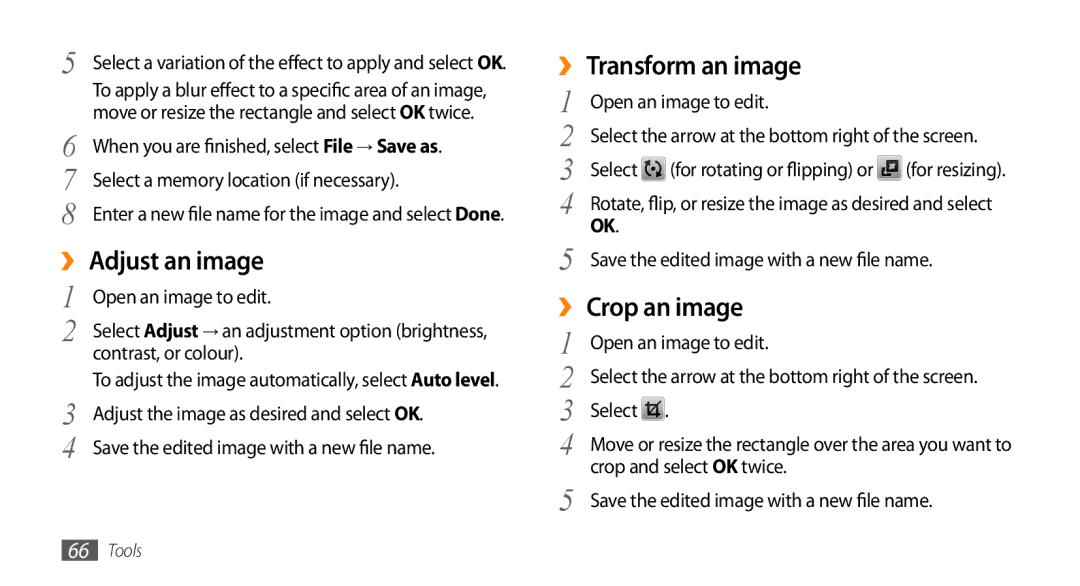 Samsung GT-B7722QKAXSG, GT-B7722QKAAFR, GT-B7722QKATMC manual ›› Adjust an image, ›› Transform an image, ›› Crop an image 