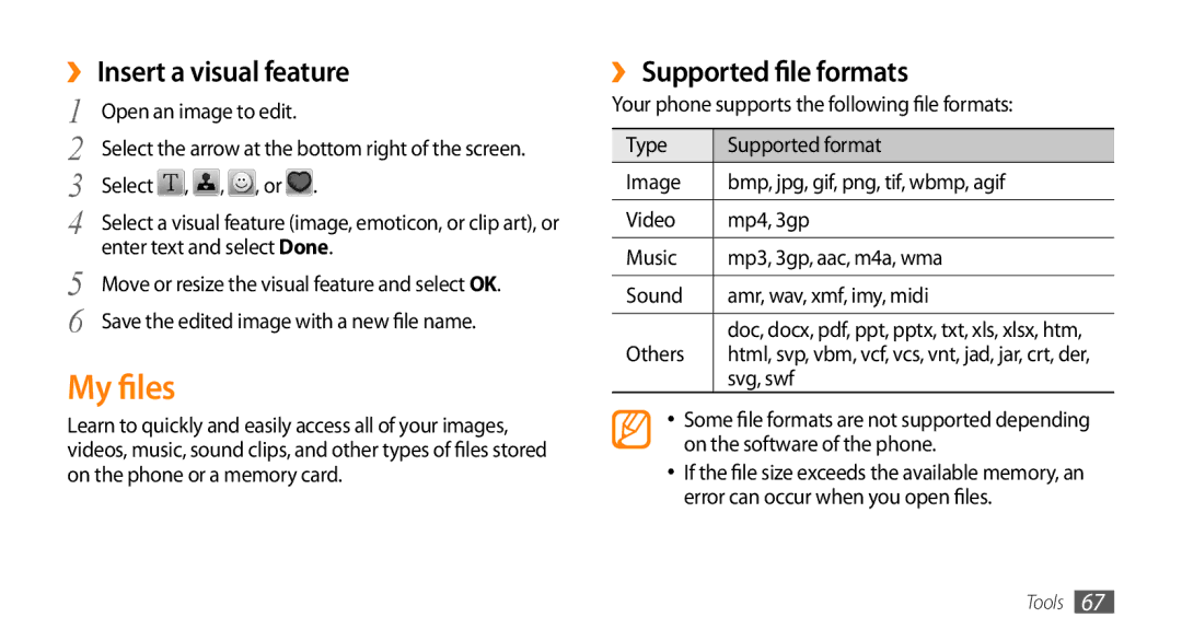 Samsung GT-B7722QKAECT, GT-B7722QKAAFR manual My files, ›› Insert a visual feature, ›› Supported file formats, Svg, swf 